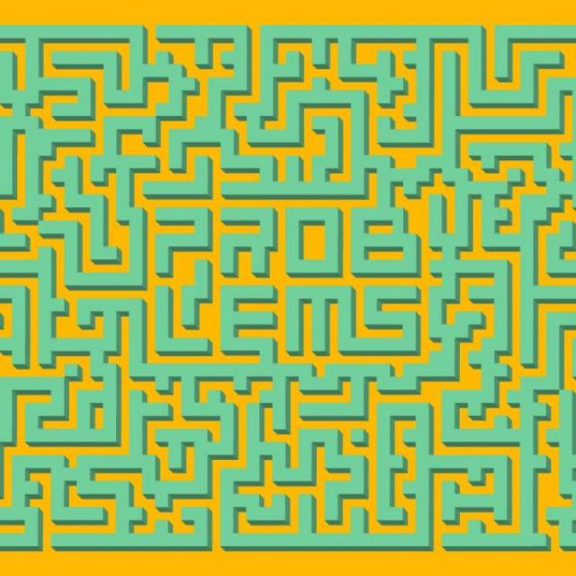 Green and orange maze. Center walls spell out the word "problems"