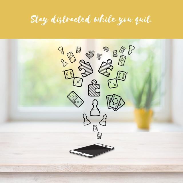 An image of a cell phone on a counter with cartoon style drawings of puzzle pieces, chess pieces, playing cards, dice, and dominoes coming out of it. Caption reads, "Stay distracted while you quit."